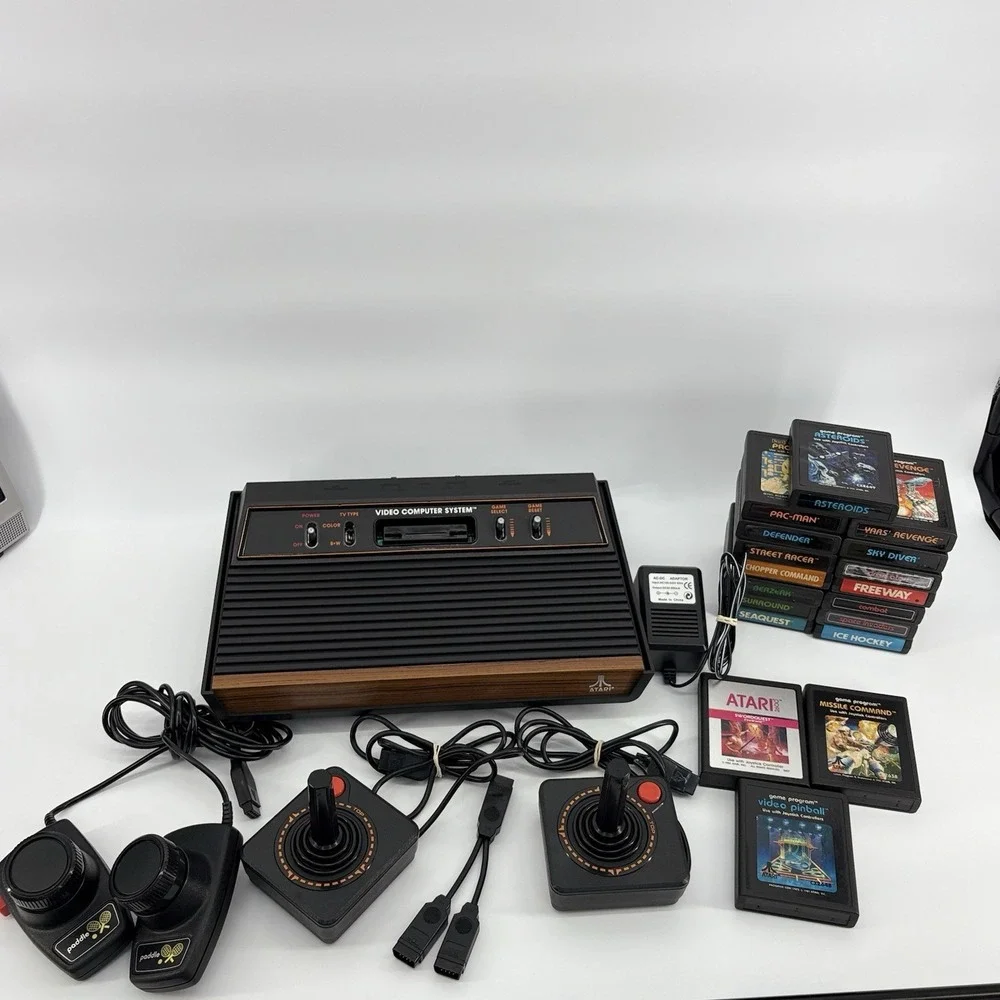 Atari 2600A 4-Switch Gaming Console System with Game Lot 19 Games Read Ds!